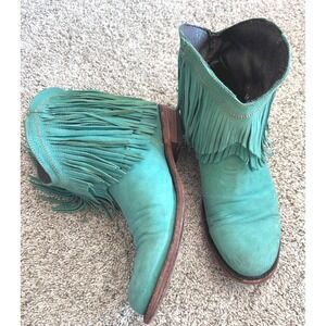 Sundance Teal Fringe Leather Heeled Boots